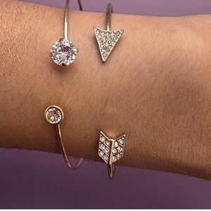 Gold Tone Cuff Bracelet Set Arrow and Crystal Solitaire Open Bangle 2pc